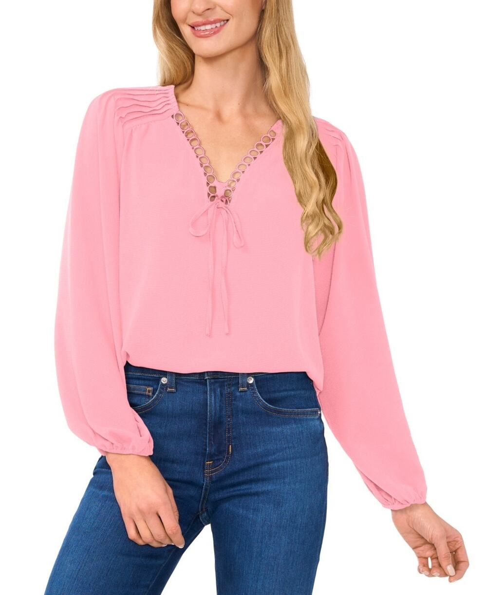 CeCe Women's Circular Trim Pin-Tuck Long-Sleeve Top Pink Size XL 4114